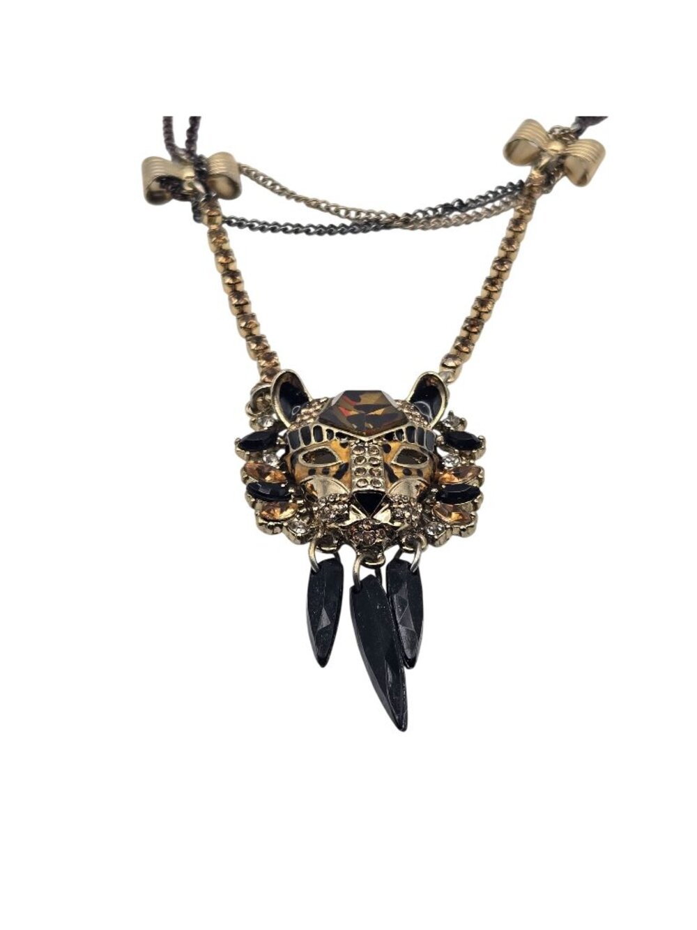 Betsey Johnson Statement Layered Leopard Necklace Crystal Bows Gold Black